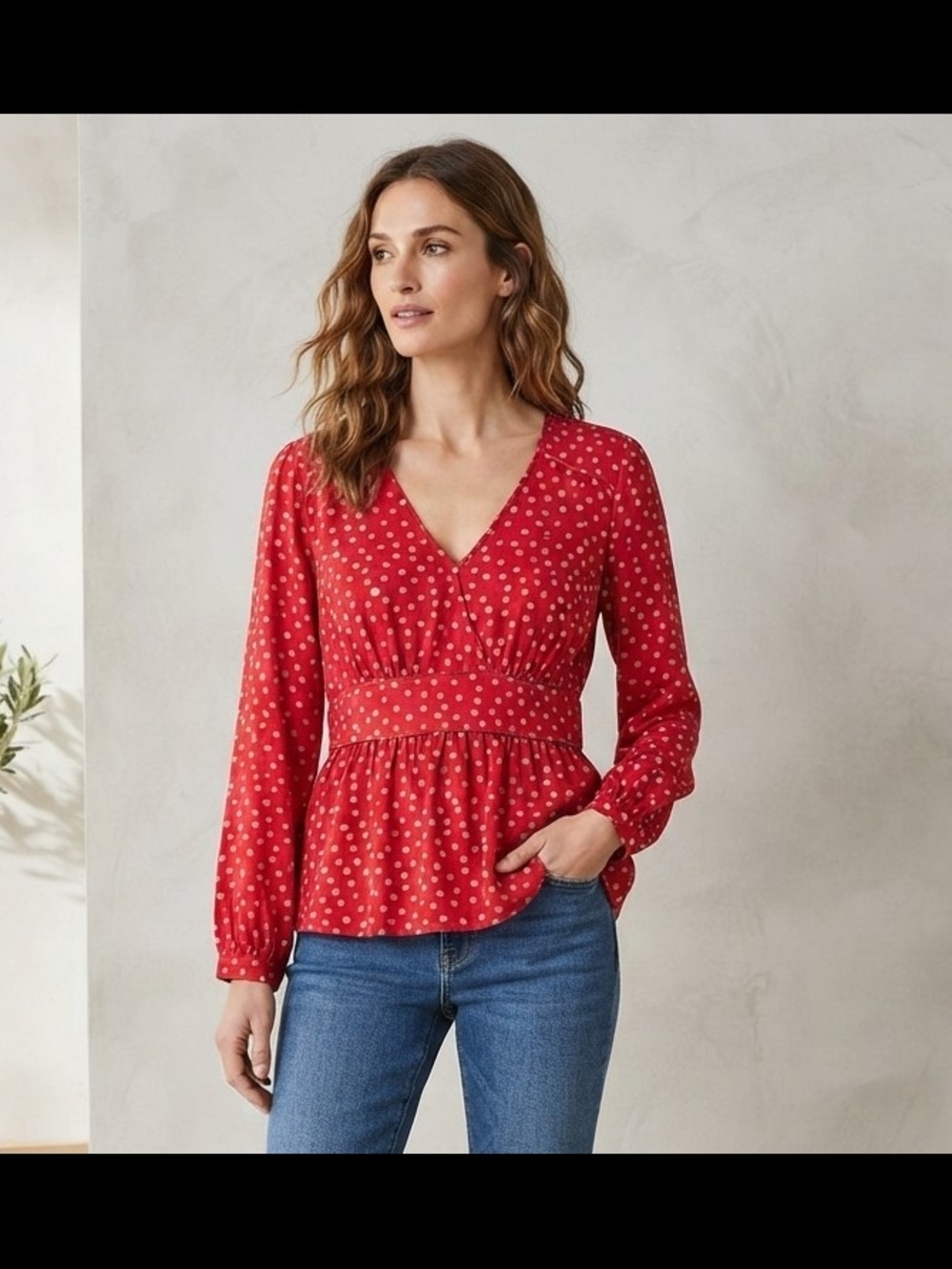 Boden Red Polka Dot V-Neck Peplum Blouse
